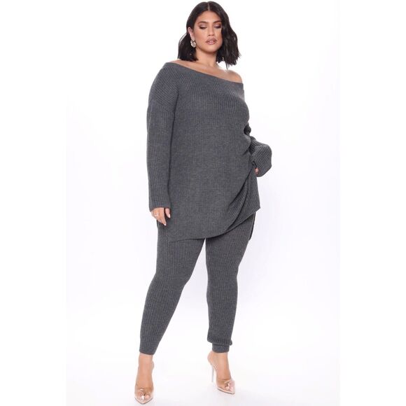 Fashion Nova Make Me Smile Women’s Gray Heavy Knit Long Sleeve Sweater Set 3X - Picture 1 of 6